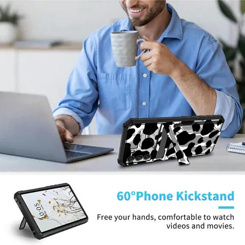 Vista 7 de Funda para Galaxy S21 FE 5G 2022 con soporte, funda de doble capa de policarbonato duro de TPU suave, estampado de vaca, estampado animal