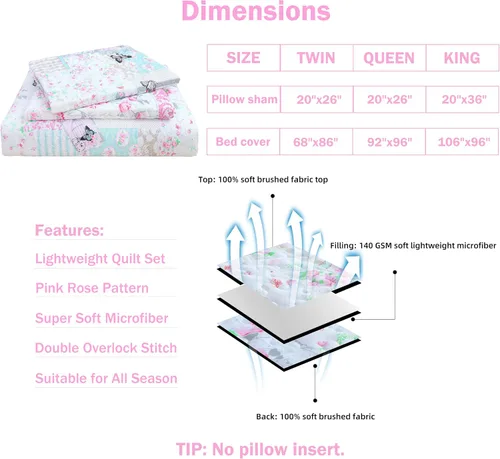 Vista 6 de Cmfshape Juego de ropa de cama floral de jardín, colcha acolchada reversible, juego de edredón de mariposa rosa, colcha reversible cosida con 2