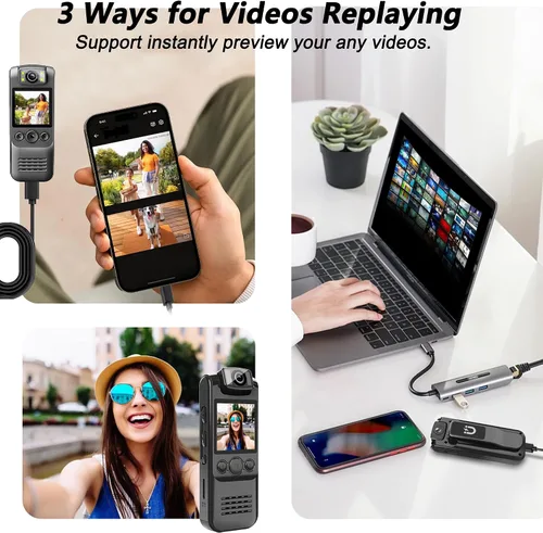 Vista 6 de Cámara corporal 4K con grabación de audio y video, mini cámara portátil de 64 GB con cordón magnético, cámara desgastada por el cuerpo para viajes