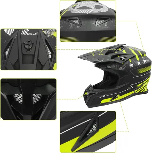 Vista 7 de XFMT DOT - Casco de motocicleta de cara completa para adultos, para motocross, ATV todoterreno, BMX, con estrella negra y amarilla, talla XL