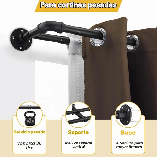 Vista 3 de Barras de cortina dobles para ventanas de 28 a 48 pulgadas, industriales de 1 pulgada, juego de barras de cortina negras dobles ajustables, opacas