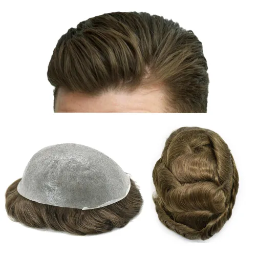 Vista 10 de Pieza de pelo para hombre, sistema de reemplazo de cabello de piel ultra fina para hombres, pieza de pelo de tupé para hombres, cabello humano real