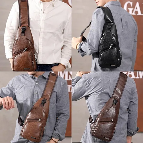 Vista 5 de Bolso de carga USB para hombre, bolso de pecho para hombre, bolso de hombro de PVC PU personalizado, paquete diagonal, bolsa de viaje de mensajero