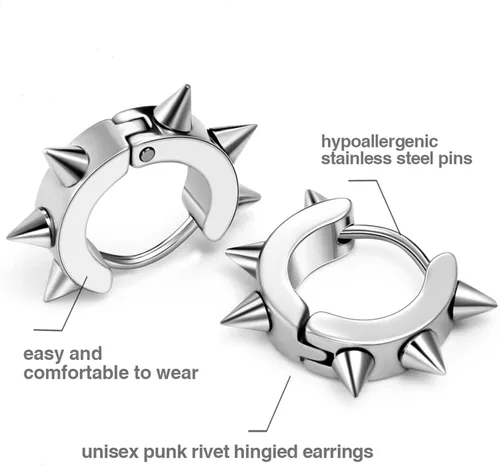 Vista 2 de Oidea Pendientes de aro en forma de corazón de remache punk de acero inoxidable al por mayor, aretes redondos de bola, hipoalergénicos, Acero