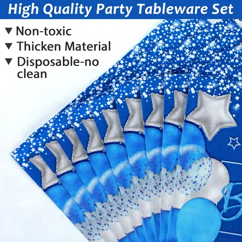 Vista 4 de Wiooffen Juego de vajilla para fiesta de cumpleaños de niño de 1 año, azul, 96 piezas, para 24 invitados, platos de papel, servilletas, tenedores