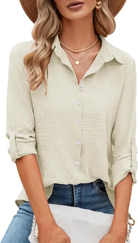 Vista 57 de Odosalii - Camisas con botones para mujer, con cuello en V, manga larga, enrolladas, blusas elegantes y formales para negocios y ocasiones casuales