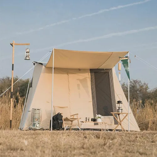 Vista 2 de Tienda de campaña de lona de algodón impermeable para 4 estaciones, refugios para acampar al aire libre con toldo y puertas de malla extra anchas