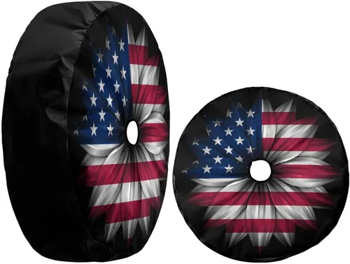Vista 3 de Delerain Cubierta de neumático de repuesto con diseño de flores de bandera de Estados Unidos con orificio de cámara de respaldo para caravana