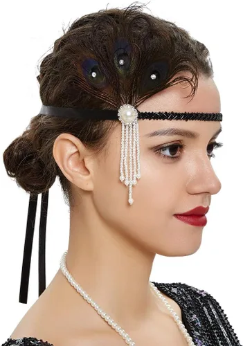 Vista 34 de Roaring 20s Great Gatsby - Diadema estilo flapper para mujer, estilo Art Deco de los años 20, con plumas A azul
