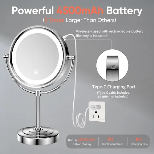 Vista 7 de GURUN Espejo de maquillaje con iluminación LED de 8.5 pulgadas con aumento de 10 aumentos de doble cara, con enchufe de acabado cromado M2208D