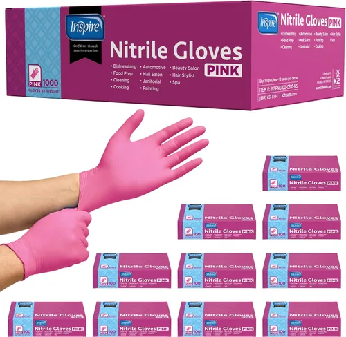 Vista 7 de Inspire Guantes desechables sin látex Guantes de nitrilo rosa para peluquería y uñas, guantes desechables de nitrilo esteticista