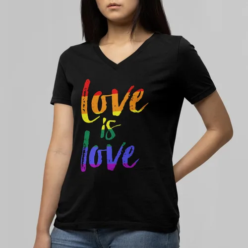 Vista 6 de Love is Love - Camiseta con cuello en V para mujer, diseño de orgullo gay Negro