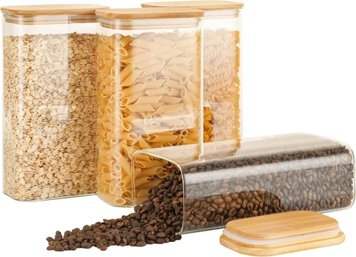 Vista 11 de D2scrma Contenedores herméticos rectangulares de vidrio de 37 onzas con tapas de bambú (juego de 4), tarro cuadrado de almacenamiento de alimentos