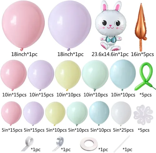 Vista 2 de Kit de guirnalda de arco de globos de Pascua, 167 globos de látex pastel, macarrón, rosa, morado, niebla, verde, azul, con conejo y zanahoria, globo