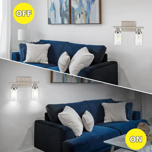 Vista 3 de Ascher Apliques de pared de 2 luces, moderna lámpara de tocador con pantalla de vidrio transparente, lámpara de pared de níquel cepillado