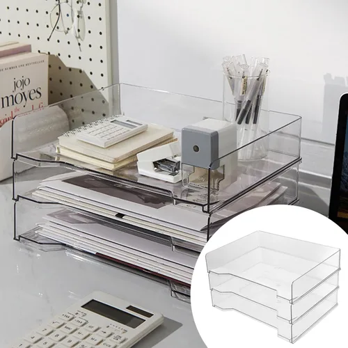 Vista 9 de Bandeja apilable de acrílico de 3 niveles, bandeja de acrílico transparente, caja de almacenamiento de documentos para oficina, espacio de trabajo