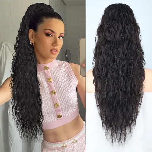 Vista 8 de Extensión de cola de caballo rubio con cordón para mujer, larga y rizada de 26 pulgadas, extensiones de cabello sintético natural, extensiones