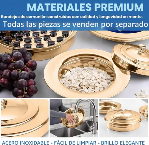 Vista 2 de Bandejas de comunión doradas prémium para iglesias Juego de utensilios de comunión de acero inoxidable, suministros Bandeja de pan