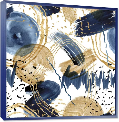 Vista 3 de DesignQ Patrón abstracto con texturas azul oscuro y dorado, lienzo enmarcado moderno para pared
