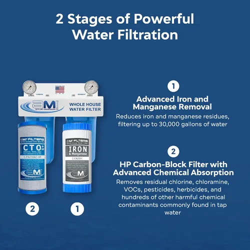 Vista 7 de Applied Membranes Inc. Sistema de filtro de agua de 2 etapas para toda la casa, 1 cartucho de filtro de carbono y 1 hierro, 4.5 x 10 pulgadas