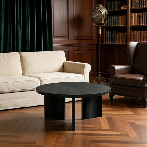 Vista 5 de Mesa de centro redonda de madera, mesa de centro de 35 pulgadas con mesa gruesa y lisa, mesa central de círculo bajo con patas estables