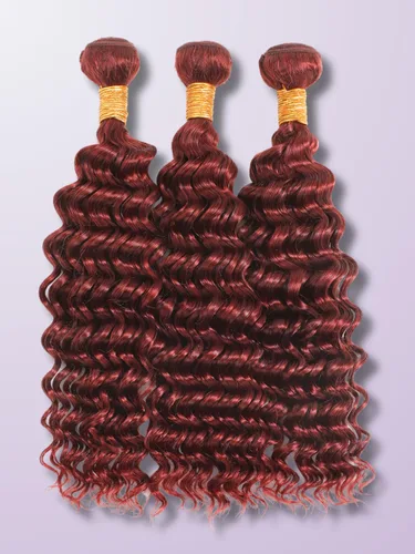 Vista 5 de Cabello Humano Rizado Castaño Rojizo, Trama Gruesa Castaño Cobrizo Rojo Coloreado Ondas Profundas Paquetes Individuales Cabello Humano 12A Tejido