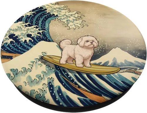 Vista 2 de Surfeando maltés Kanagawa Wave perro japonés divertido PopSockets intercambiables PopGrip