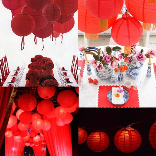 Vista 6 de Supla 28 linternas decorativas de papel rojo chino de 5 tamaños, faroles chinos japoneses colgantes, faroles redondos de fiesta para festivales