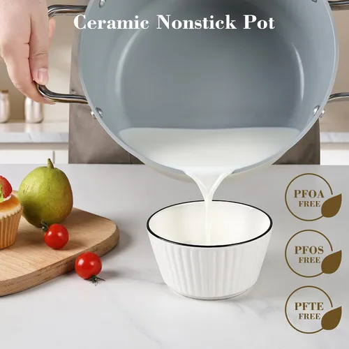 Vista 6 de Olla de stock de cerámica de 5 cuartos antiadherente con tapa, olla para sopa, olla de pasta antiadherente fácil de limpiar, sin PFOA, PFAS, PTFE