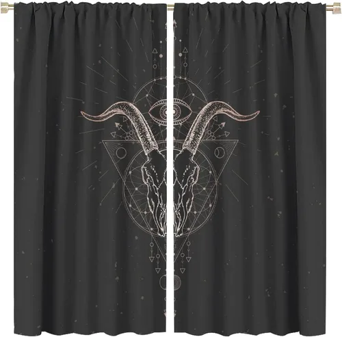 Vista 32 de BAEKJIN Cortinas de cabeza de cabra, diseño de calavera malvada, bruja, símbolo misterioso, bolsillo para barra, cortinas opacas para ventana, juego