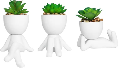 Vista 14 de Zerzsy 3 plantas suculentas artificiales con macetas creativas de cerámica en forma de humano, mini plantas en maceta, plantas falsas de baño Negro