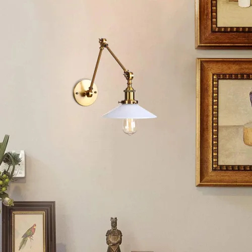 Vista 7 de Iluminación estilo loft con forma de platillo, aplique de pared ajustable, pantalla de vidrio blanco lechoso, brazo oscilante, lámpara de pared Latón