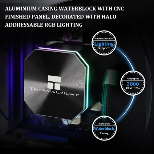 Vista 4 de Thermalright Frozen Edge 360 - Enfriador de agua negro para CPU con ventiladores PWM, la velocidad de la bomba es de 2800 RPM, rodamiento S-FDB