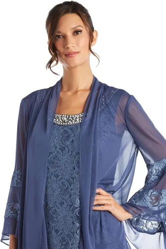 Vista 5 de R&M Richards Conjunto de 2 piezas de vestido y chaqueta con encaje adornado hasta la rodilla para mujer