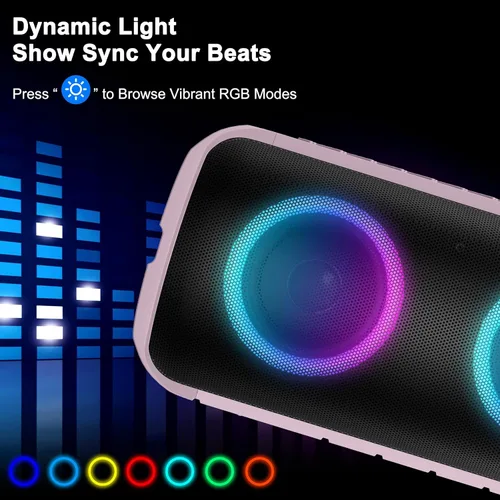 Vista 2 de Altavoz Bluetooth, altavoz inalámbrico portátil 2026, 24 W súper fuerte, emparejamiento TWS, luces RGB coloridas, IPX7 impermeable, tiempo de Rosa