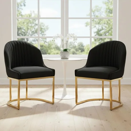 Vista 3 de Hyfirm Juego de 2 sillas de comedor tapizadas de terciopelo negro y dorado, sillas de cocina modernas con acento de barril glamoroso, patas de metal