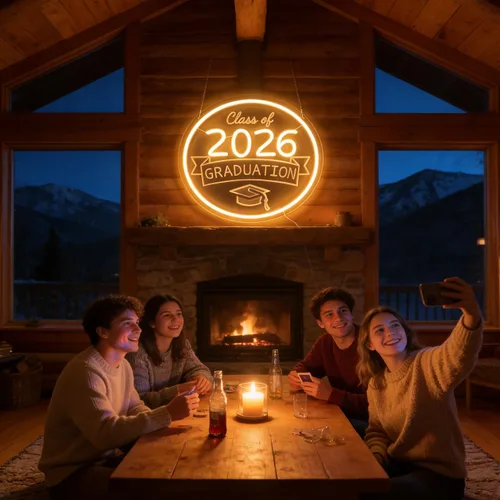 Vista 4 de Class of 2026 - Letrero de neón con texto en inglés "Congrats Grad" LED regulable USB Felicidades Graduación Cap Light Decoración de pared para sala