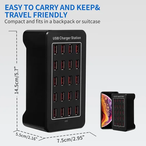 Vista 2 de Estación de carga USB de escritorio de 20 puertos - Cargador inteligente multifunción de 100 W para teléfonos inteligentes, tabletas y más
