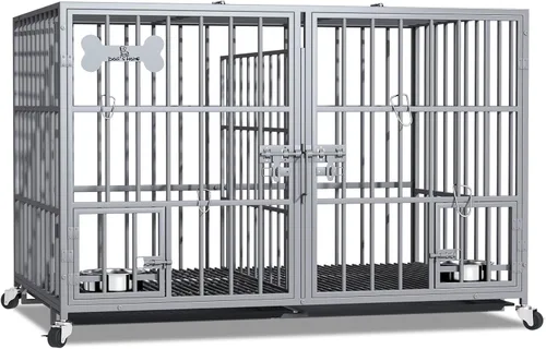 Vista 9 de Jaula XL de 54 pulgadas para perros grandes/perros medianos dobles, jaula de metal resistente para perros, toda metálica con parte superior abierta