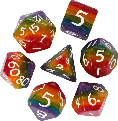 Vista 9 de Juego de dados de resina para DND, juego de 7 dados poliédricos negros D&D rellenos con papel de colores brillantes para juegos de rol