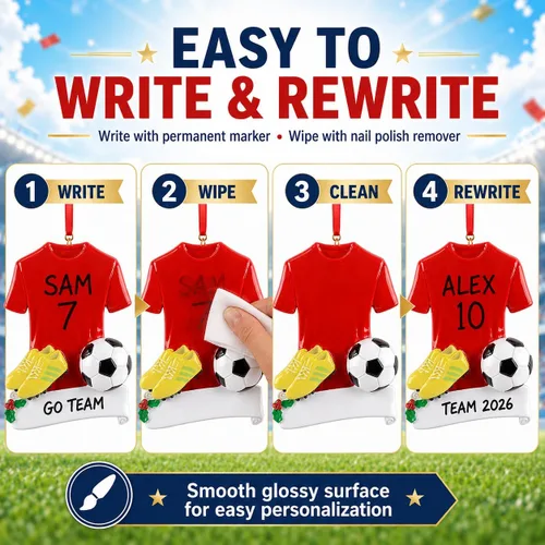 Vista 2 de Adornos de Navidad de fútbol personalizados – Adorno de fútbol 2025 – Adornos para fanáticos de los deportes – Regalos de atletismo rojo – Adorno