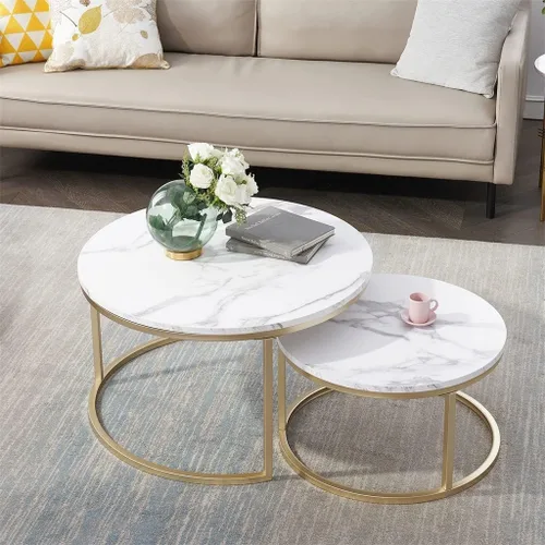 Vista 2 de Mesa Mesas de centro anidables con textura de mármol, juego de 2 mesas centrales redondas para sala de estar con soporte de metal, sofá lateral