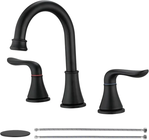 Vista 8 de GENBONS Grifos de baño para fregadero de 3 agujeros, 4 pulgadas, color negro mate con drenaje emergente y 2 mangueras de suministro, 2 manijas