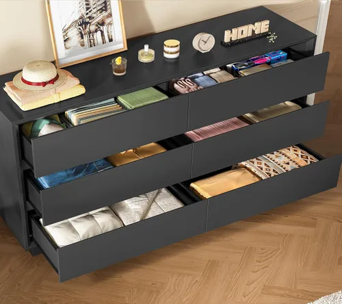 Vista 4 de TEENFON 55" Dresser for Bedroom with 6 Drawers, Black Dresser with Metal Slide, Bedroom Dressers, Wood Dressers & Chests of Drawers for Bedroom
