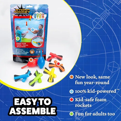 Vista 5 de Stomp Rocket The Original Squeeze Rocket, 10 cohetes, lanzacohetes de espuma suave, regalo STEM para niños y niñas, a partir de 4 años, divertidos