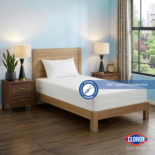 Vista 2 de Clorox Protector de colchón ajustable impermeable, vinilo impermeable, protección duradera contra derrames y manchas, cierre con cremallera
