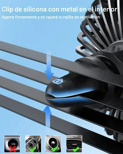 Vista 2 de TriPole Ventilador de coche alimentado por USB, potente 3 velocidades, ventilador de clip de enfriamiento portátil para ventilación del automóvil
