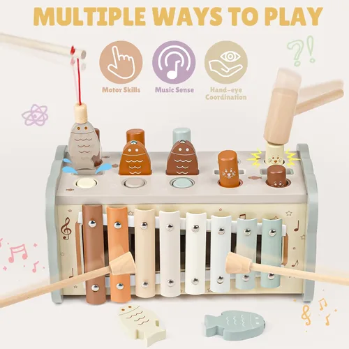 Vista 11 de Joyreal Juguetes Montessori de madera para niños de 1 año – Juguete martillador con xilófono y juego de pesca – Actividades educativas para niños