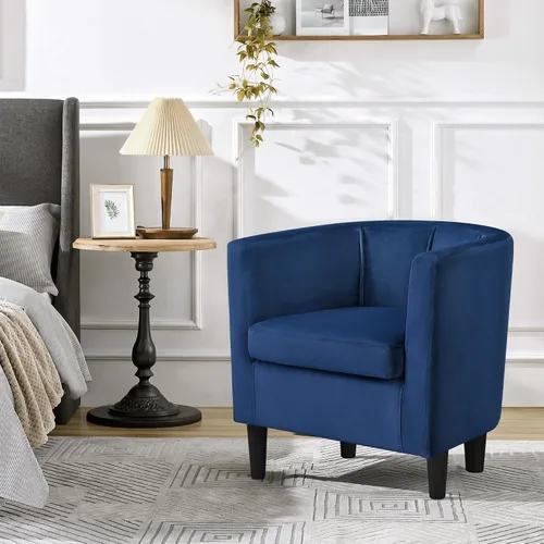 Vista 2 de Yaheetech Silla decorativa de terciopelo, sillones modernos y cómodos, silla tapizada de barril para sala de estar, dormitorio, sala de espera, Azul