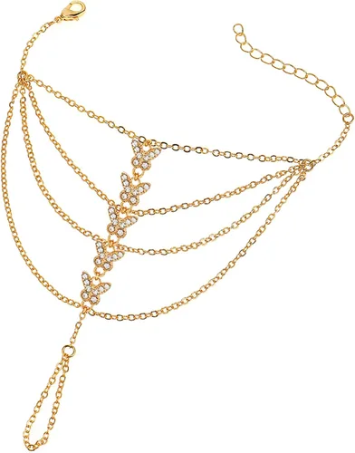 Vista 23 de Suyi Pulsera de anillo de dedo, arnés de mano, pulsera de cadena de diamantes de imitación, regalos para mujeres 2 piezas oro